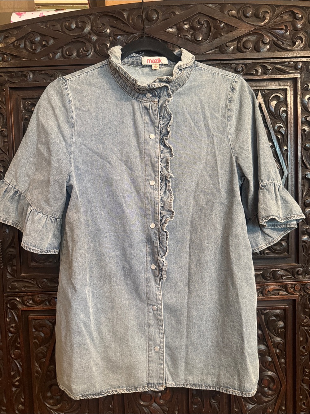 Mazik Light Denim Ruffle-Front Button Down Top